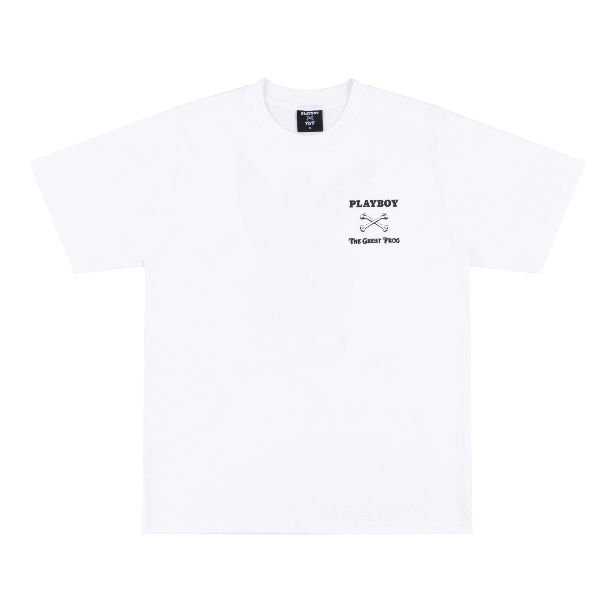 White graphic t-shirt with crossed bones logo and text on chest, short sleeves, crew neck.