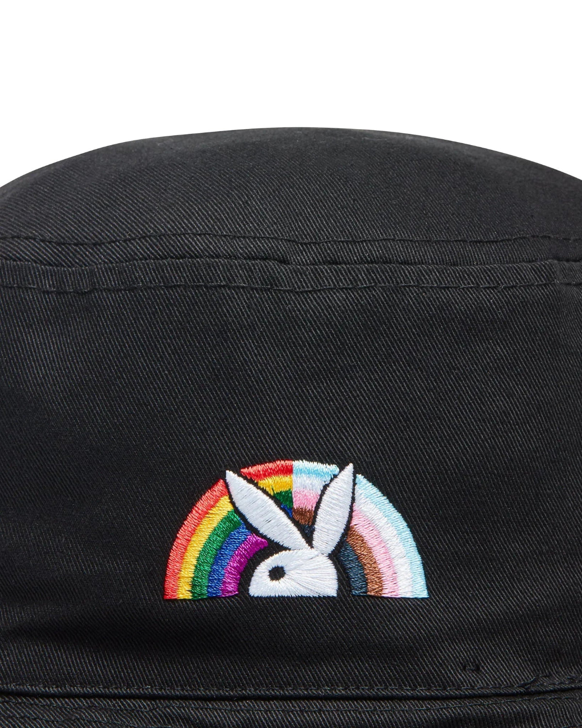 Black bucket hat with embroidered rainbow and bunny logo, LGBTQ pride accessory