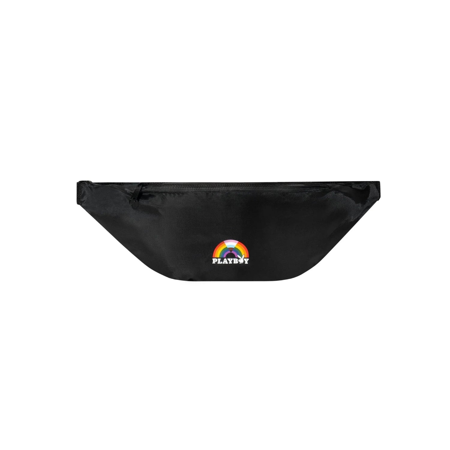 Black fanny pack with rainbow and PLAYBOY logo, zipper closure, LGBTQ pride accessory