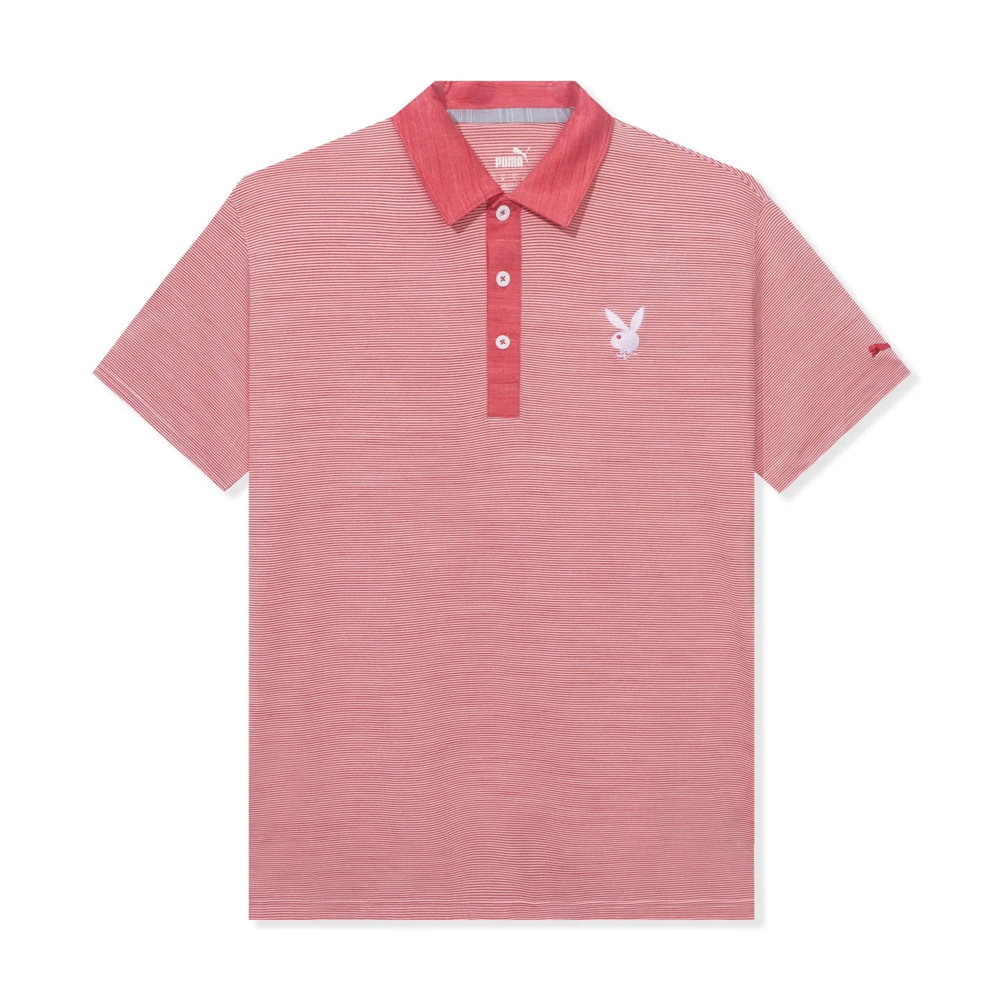 Red striped men's polo shirt with short sleeves and white bunny logo on chest