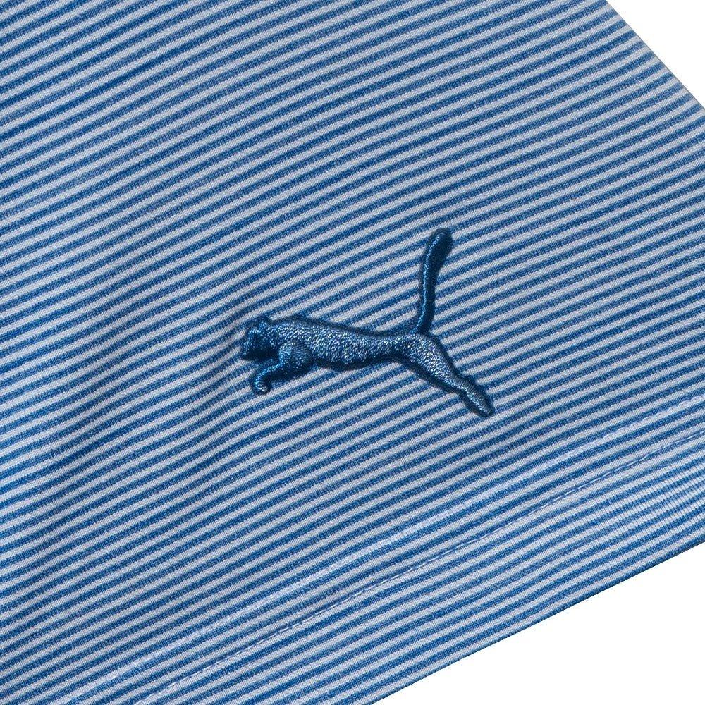 Close-up of blue and white striped polo shirt with puma logo embroidery.