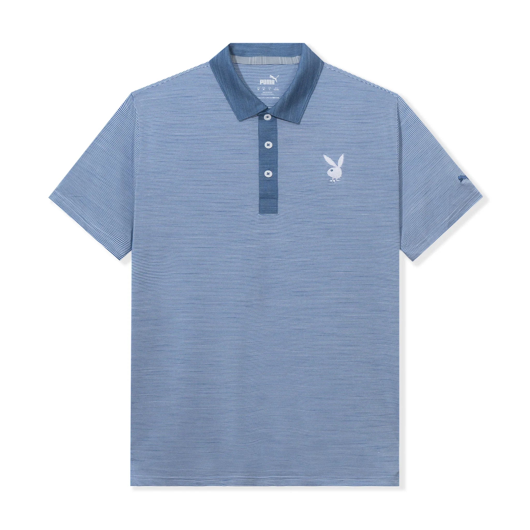 Light blue striped men's polo shirt with button placket and white bunny logo on chest