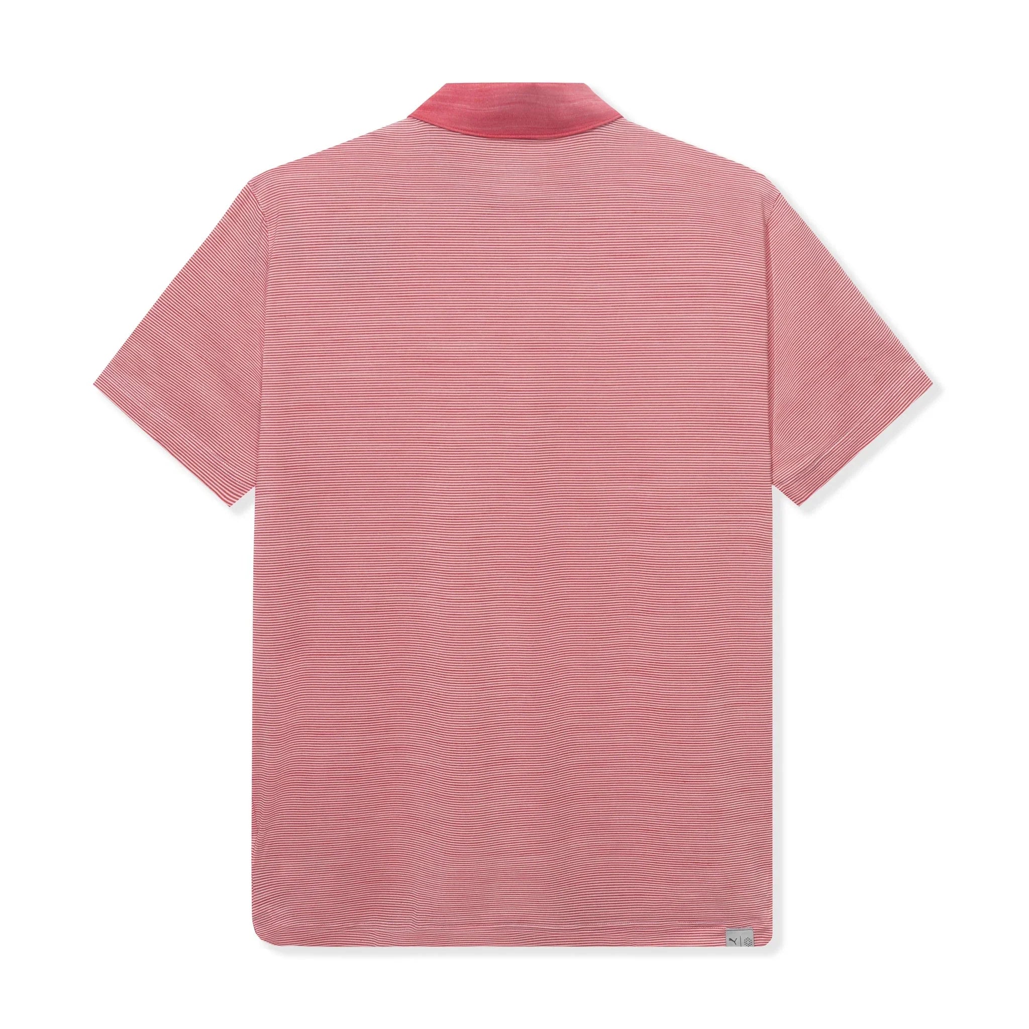 Back view of a short-sleeve pink striped men's polo shirt with classic collar