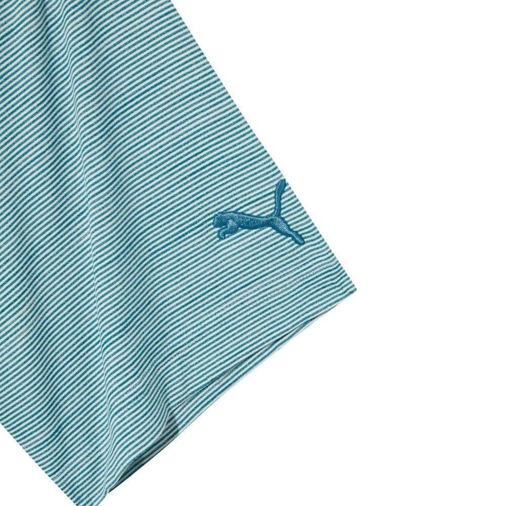 Light blue and white striped short sleeve polo shirt with embroidered logo on sleeve