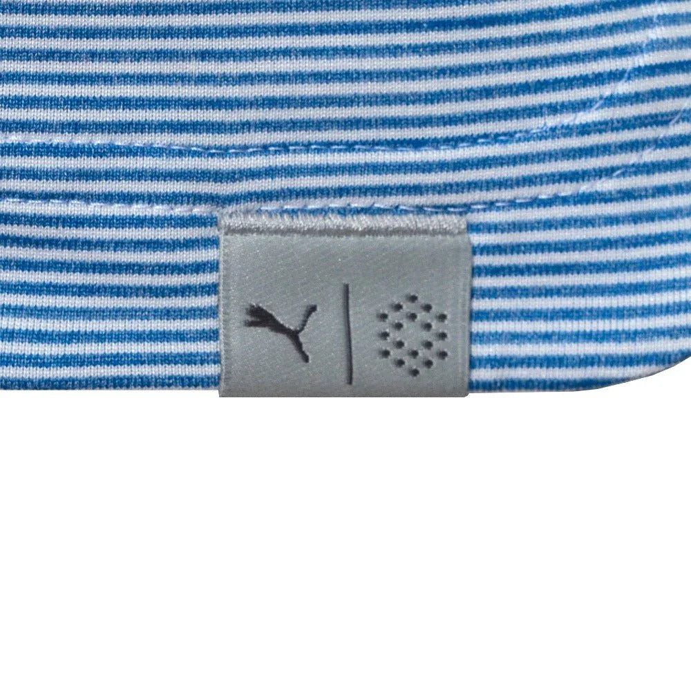 Blue and white striped fabric with a gray tag featuring black puma logo and dots