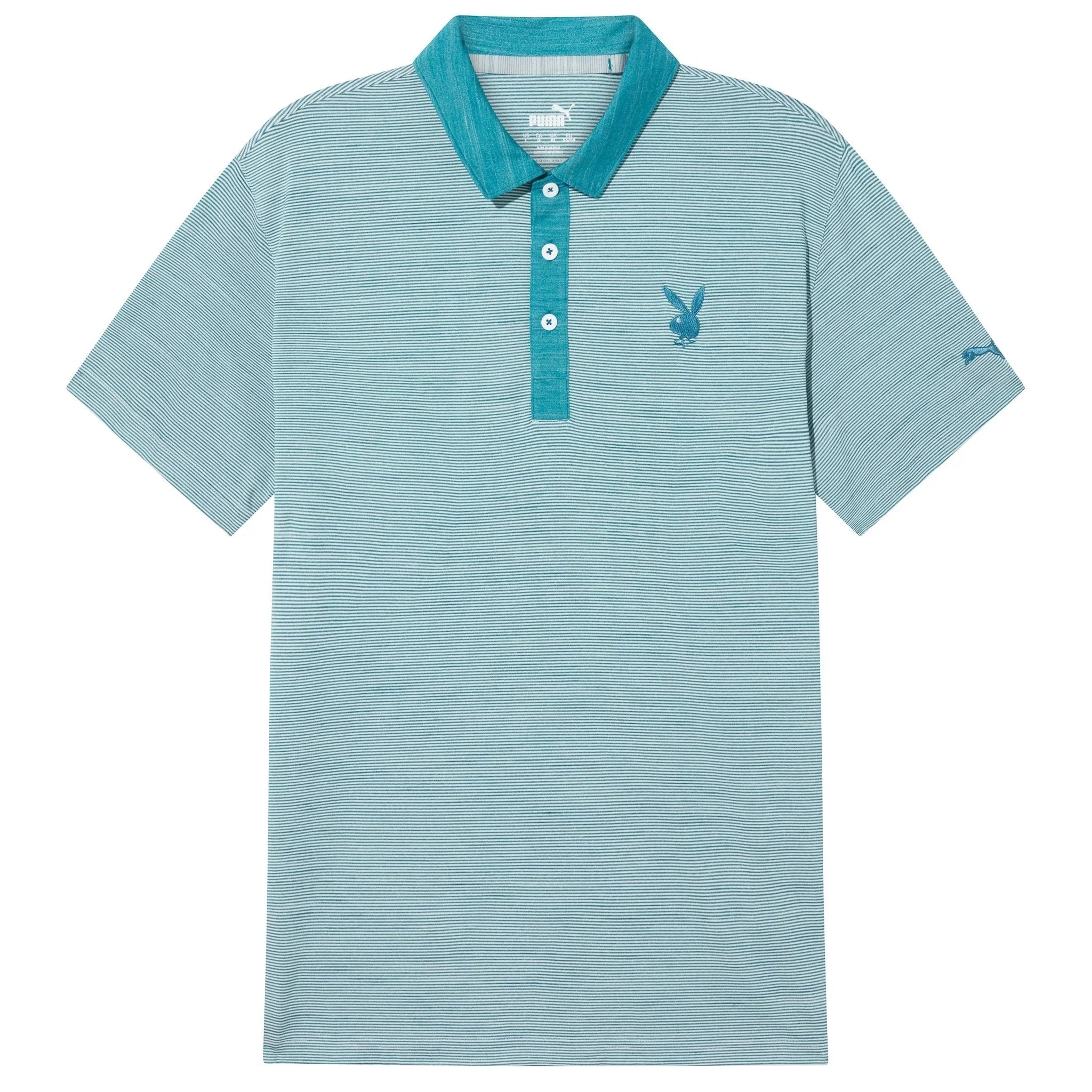 Light blue striped golf polo shirt with teal collar and embroidered rabbit logo on chest
