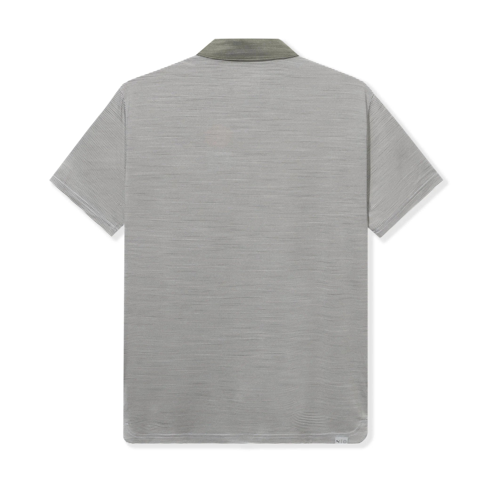 Back view of gray short-sleeve striped polo shirt with contrasting collar
