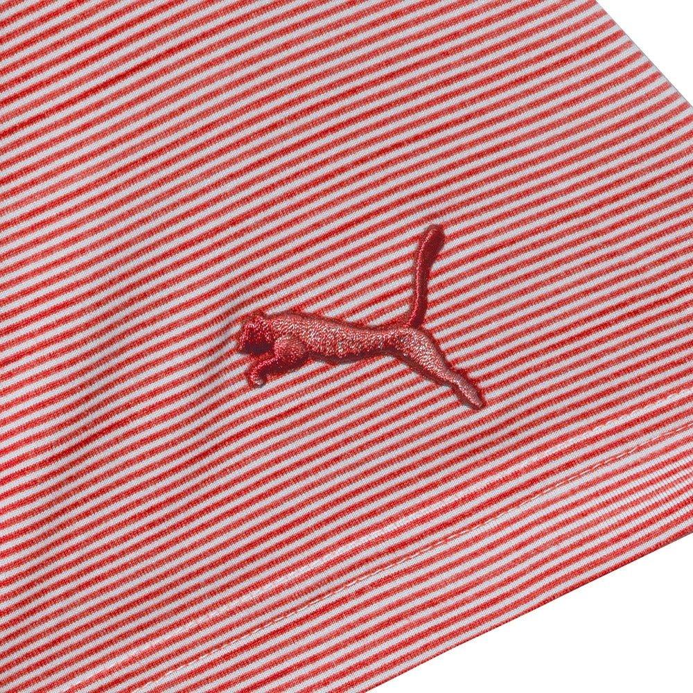 Red and white striped polo shirt fabric with embroidered puma logo detail