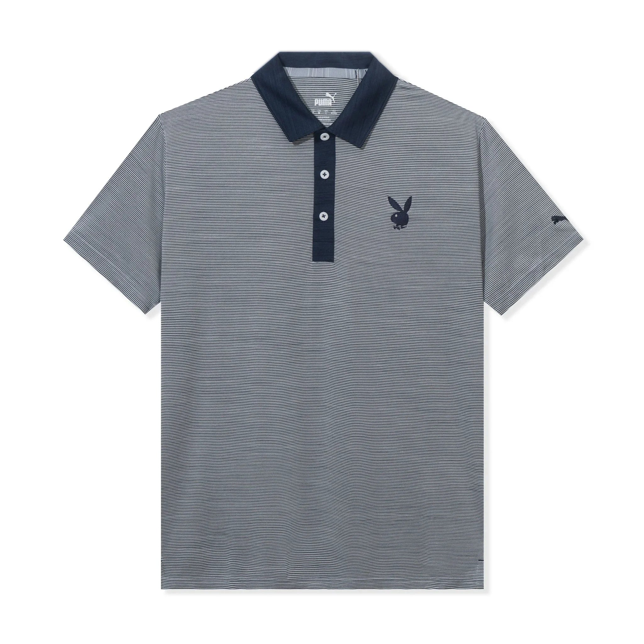 Gray striped polo shirt with navy collar and buttons, features a bunny logo on the chest.