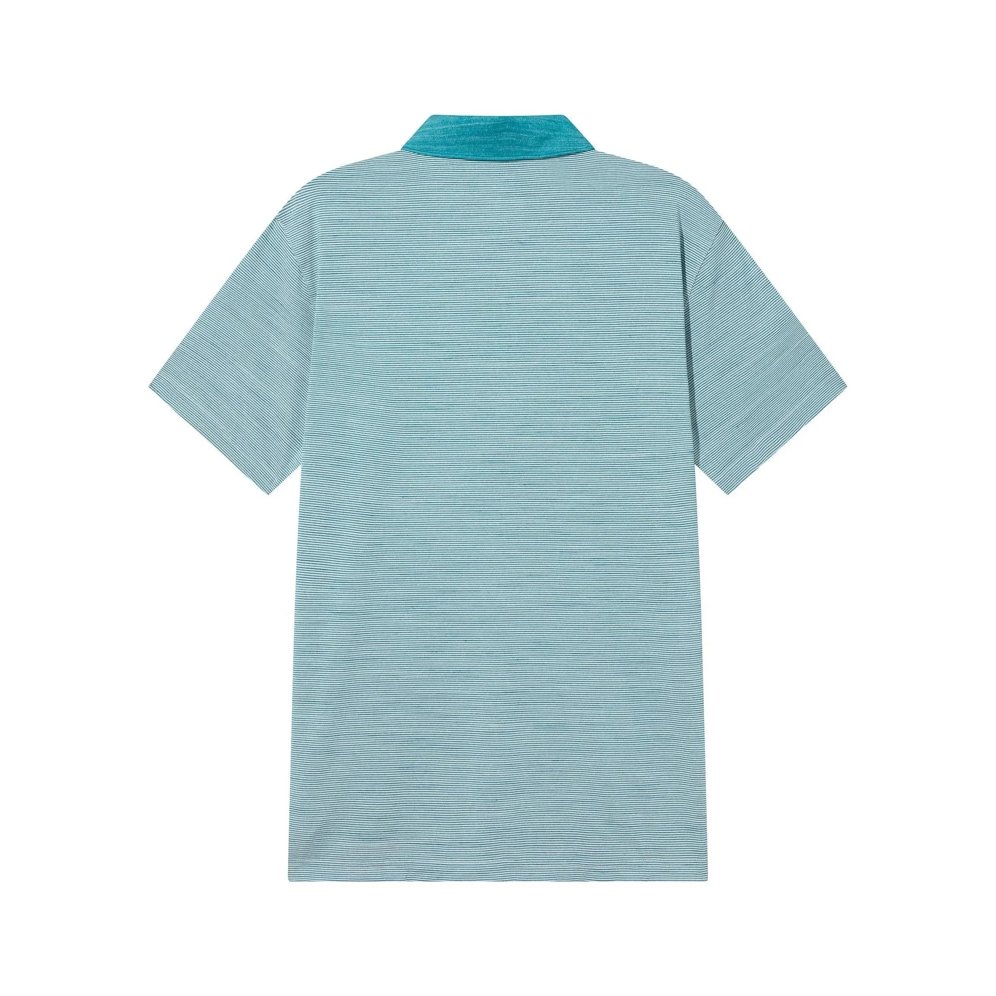 Light blue short sleeve golf polo shirt with textured collar, back view