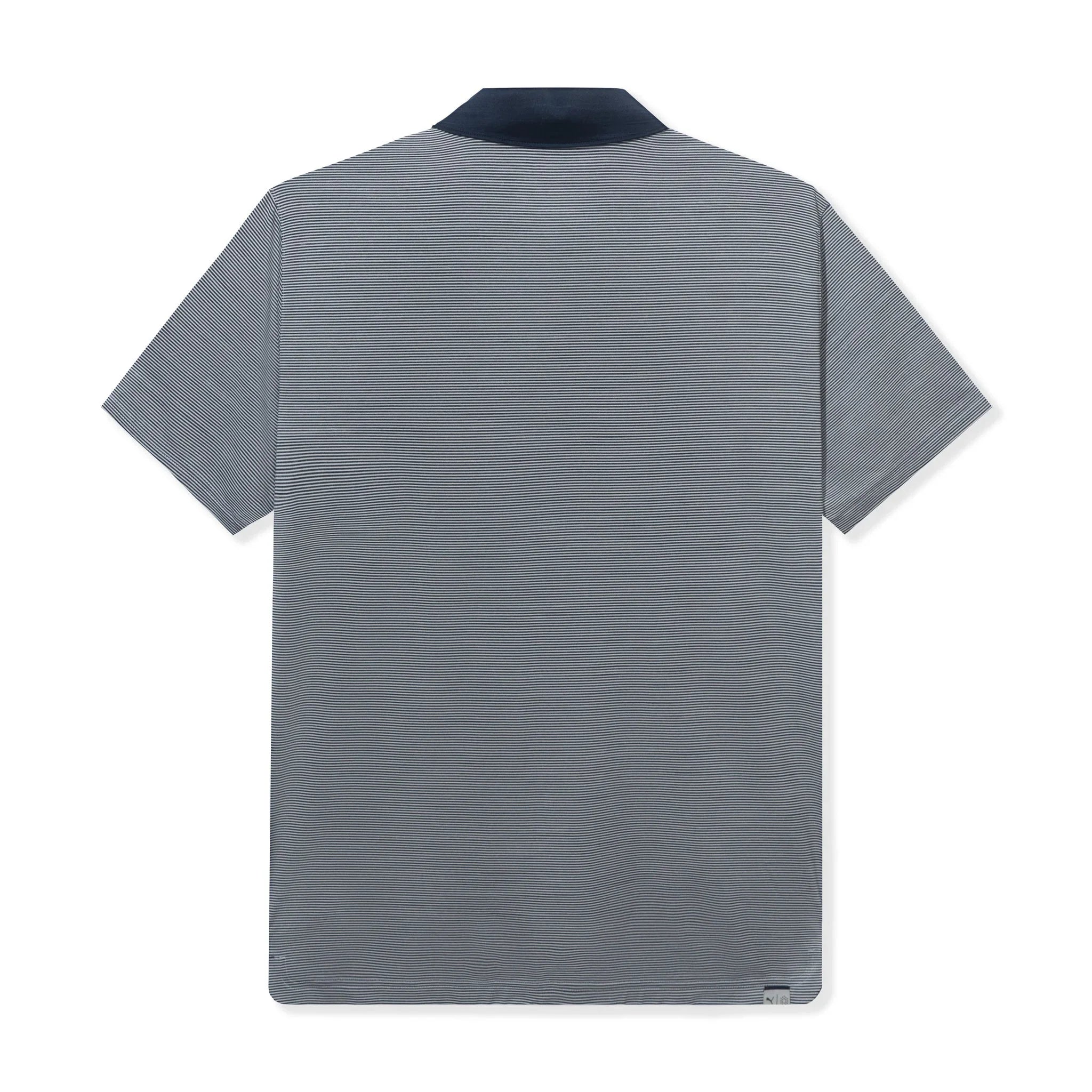Back view of a grey striped men's short sleeve polo shirt with a dark collar.