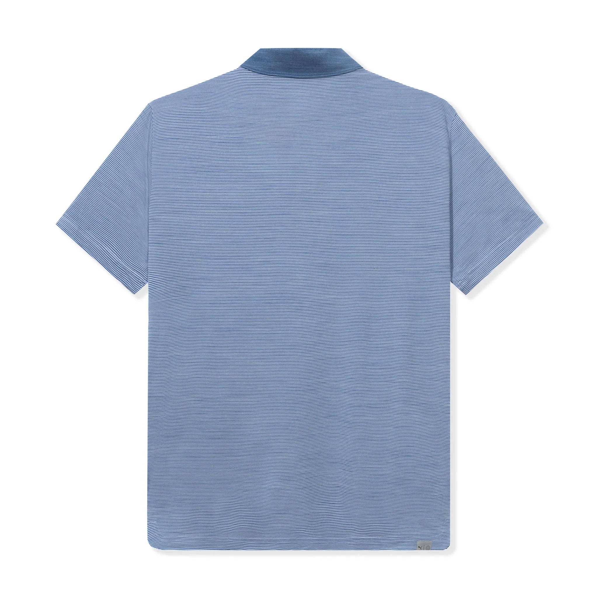 Back view of a light blue men's short sleeve polo shirt with subtle stripe pattern