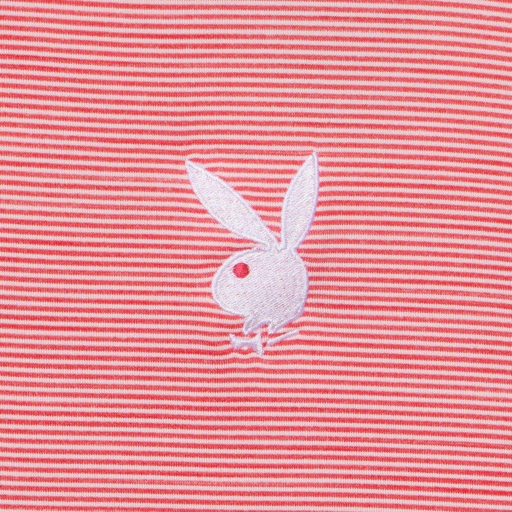 Pink and white striped polo shirt with embroidered bunny head logo on chest