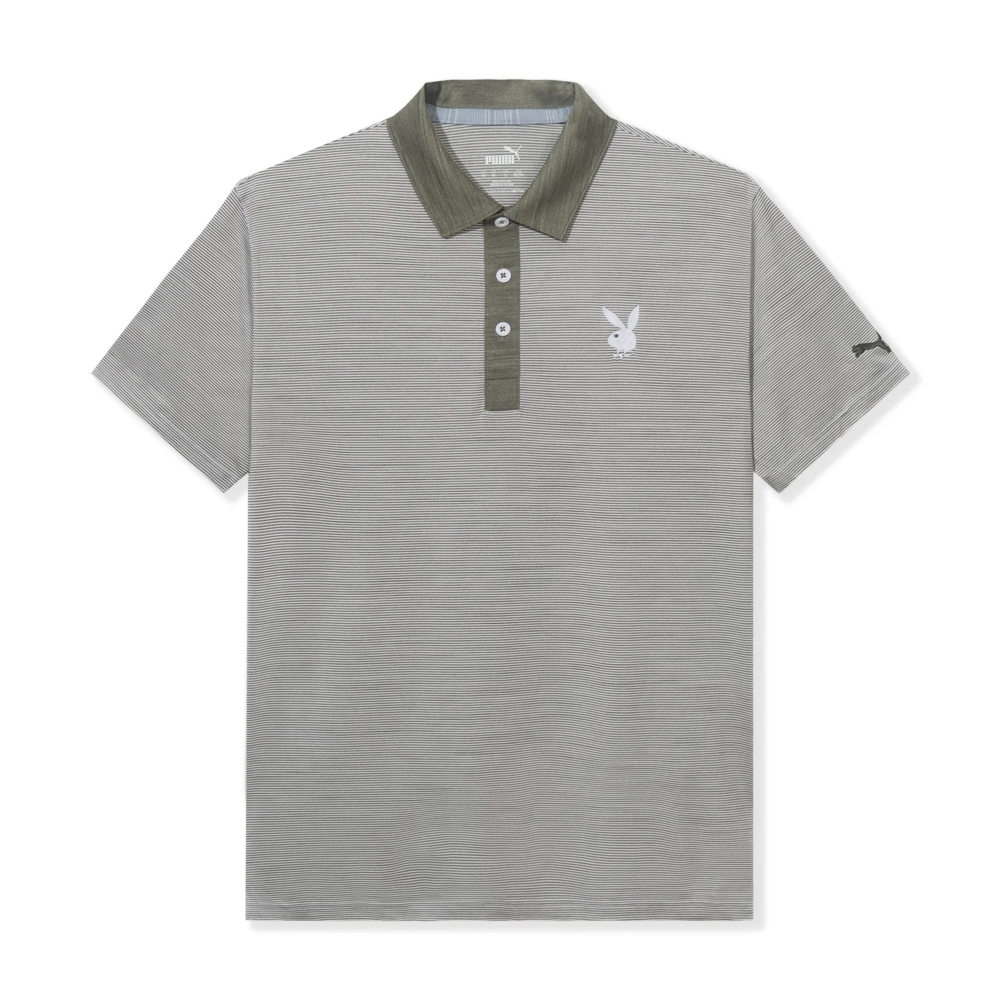 Men's striped grey and olive polo shirt with white bunny logo and three-button placket