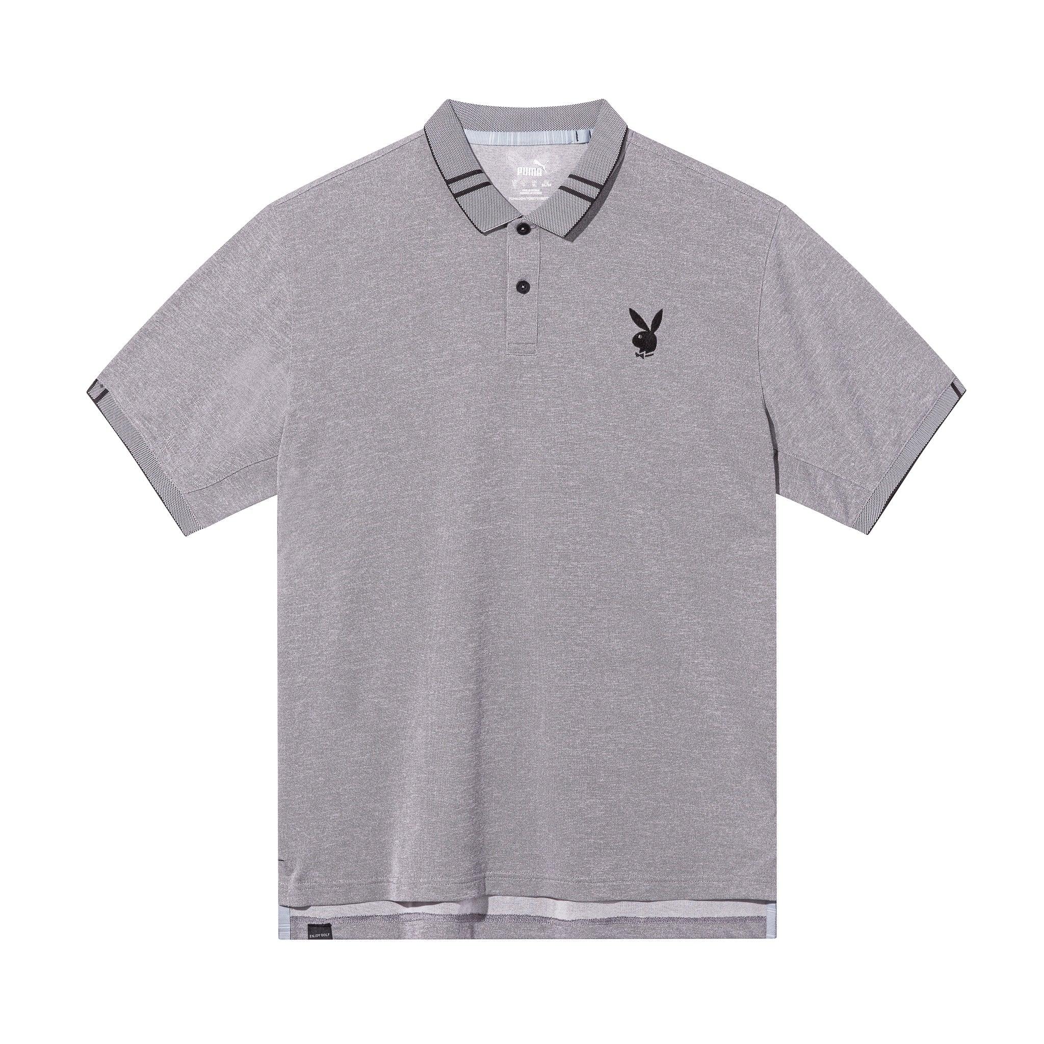 Men's grey performance polo shirt with black bunny logo, tipped collar, and button placket