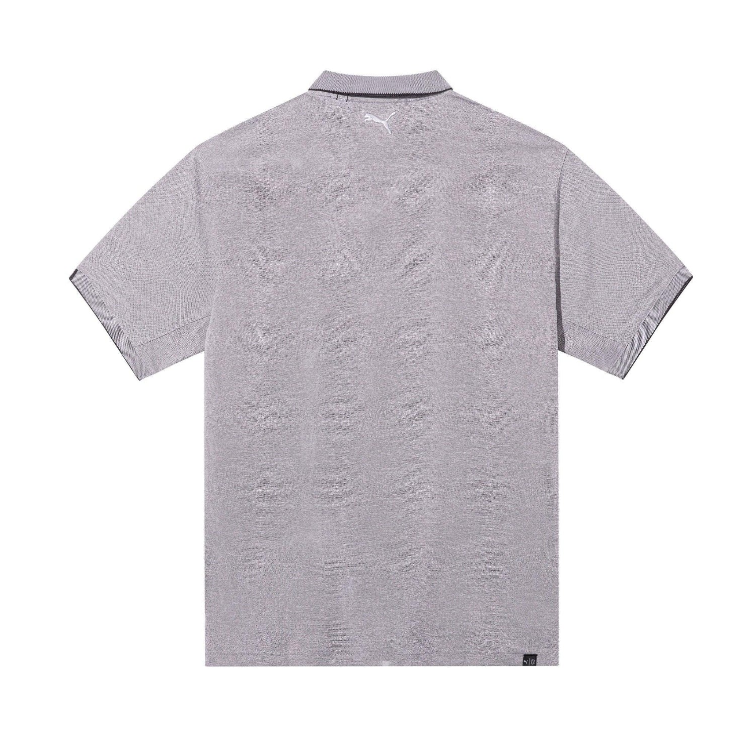 Gray short sleeve performance polo shirt with contrast collar and cuffs, shown from back