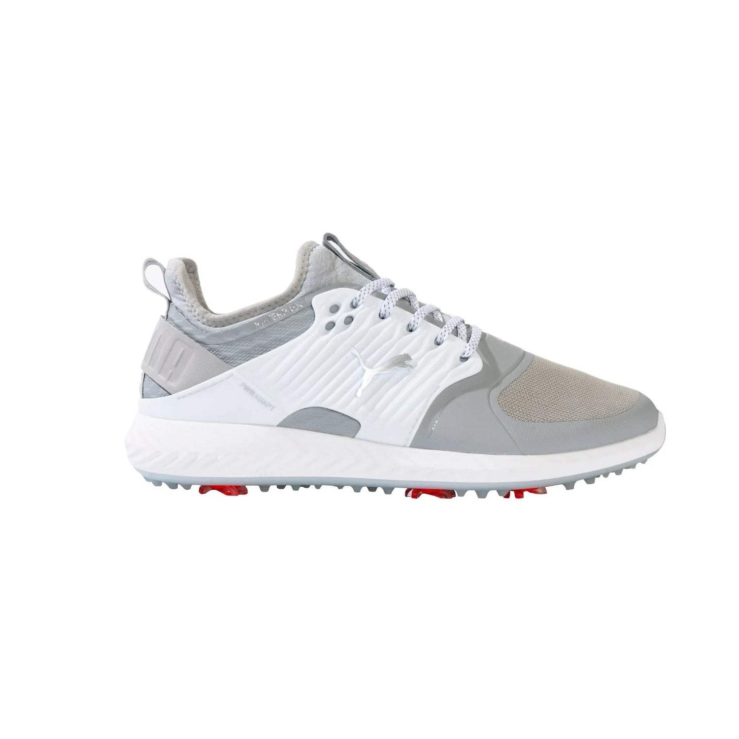 White and gray golf shoe with mesh toe, lace-up closure, and red traction spikes on sole.