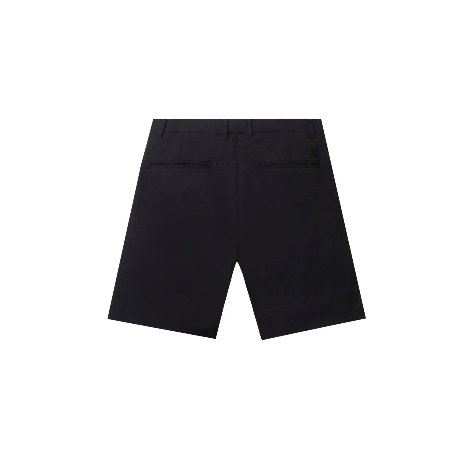 Back view of black men's golf shorts with belt loops and welt pockets on white background