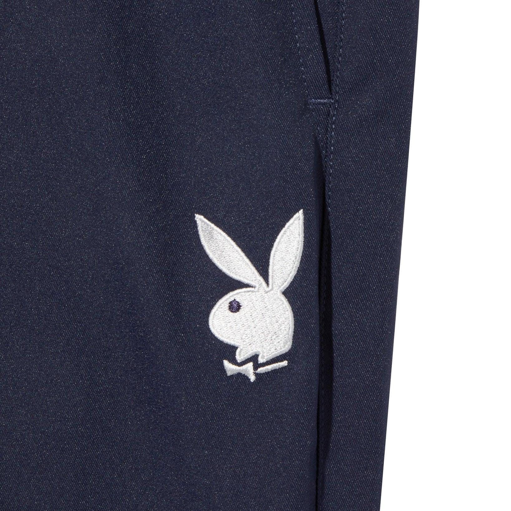 Navy golf shorts with white bunny logo embroidery near side pocket