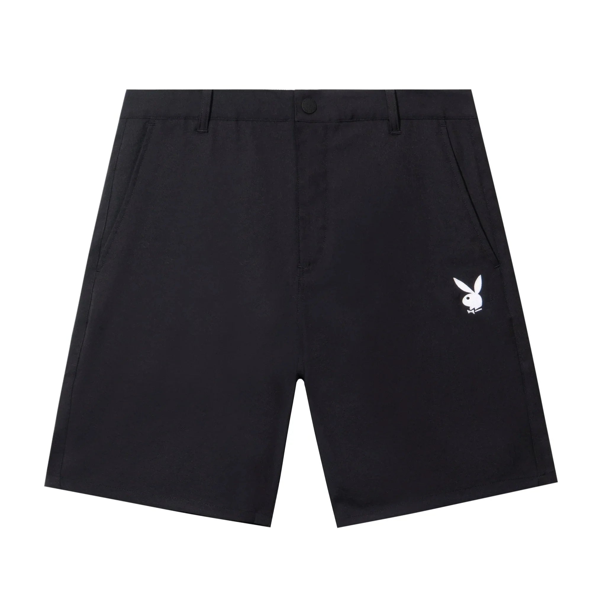 Black men's shorts with white bunny logo on front, side pockets, and belt loops