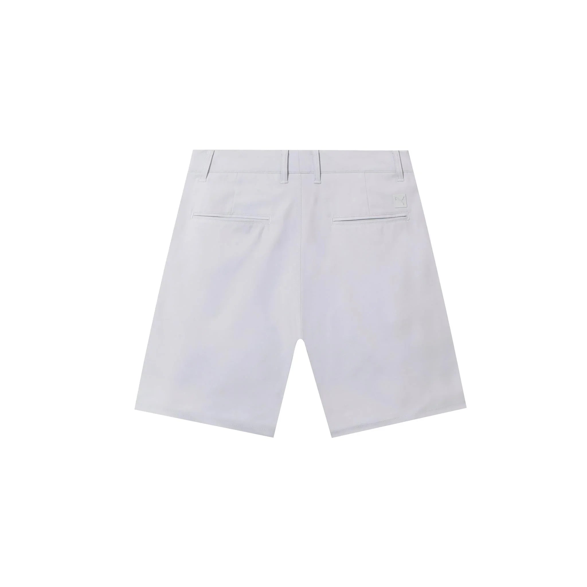 Back view of light grey men's golf shorts with belt loops and rear pockets