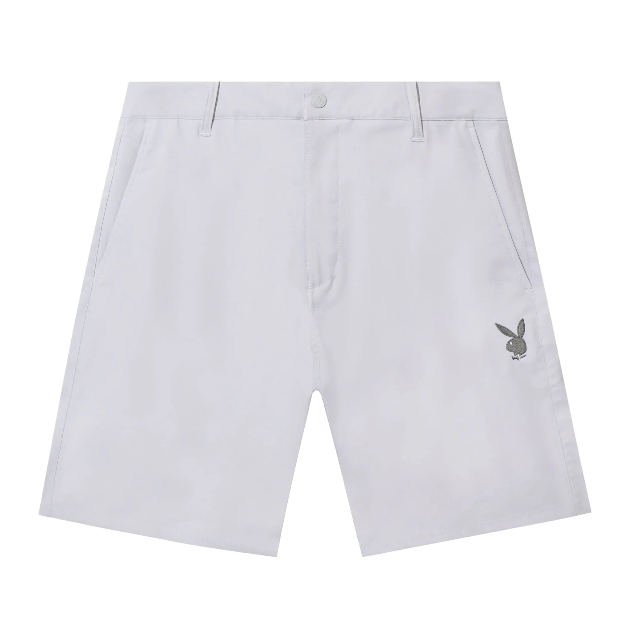 White men's golf shorts with embroidered bunny logo on front left hem