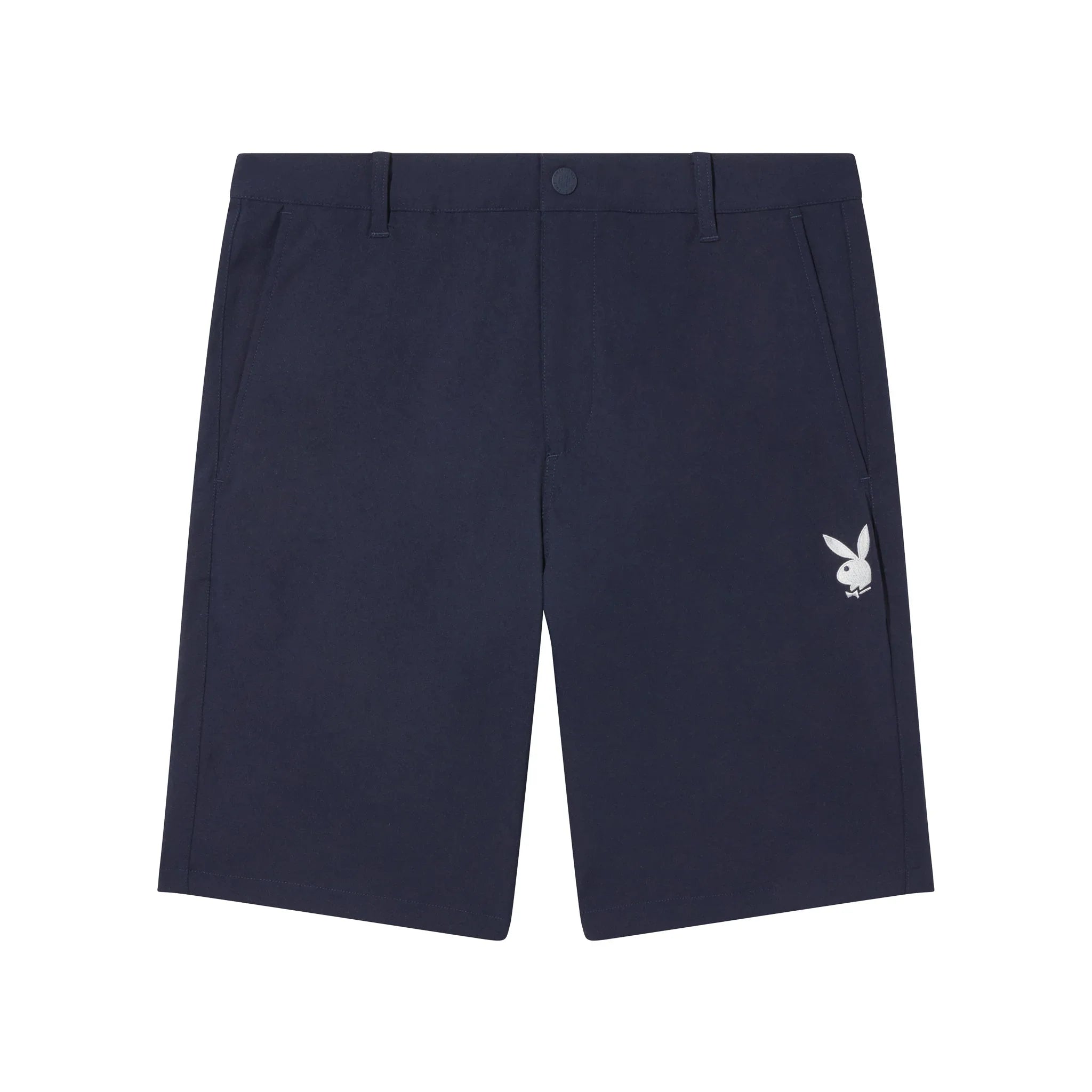 Navy blue men's golf shorts with white bunny logo on left leg, flat lay view