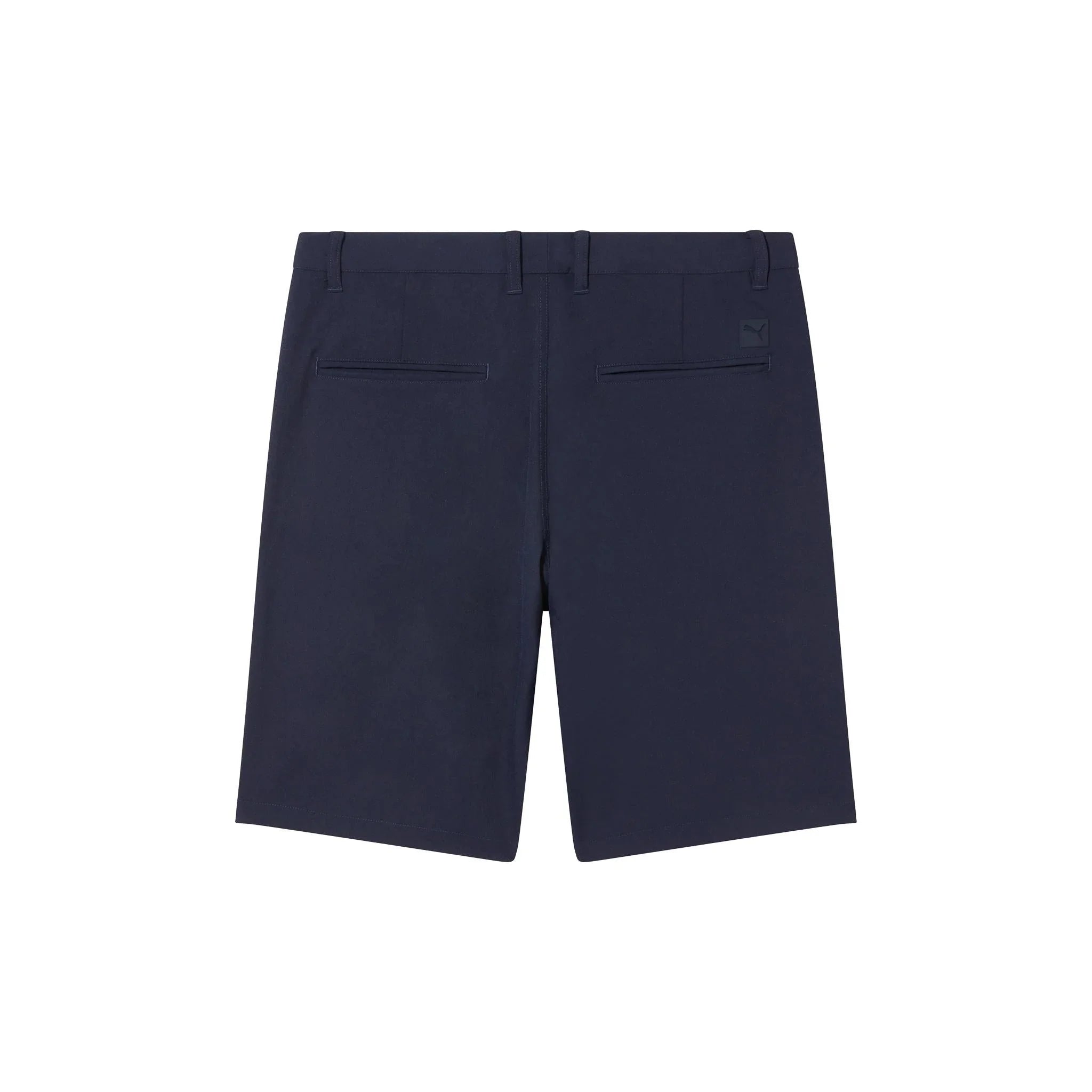 Navy golf shorts for men with belt loops and back welt pockets, laid flat on white background