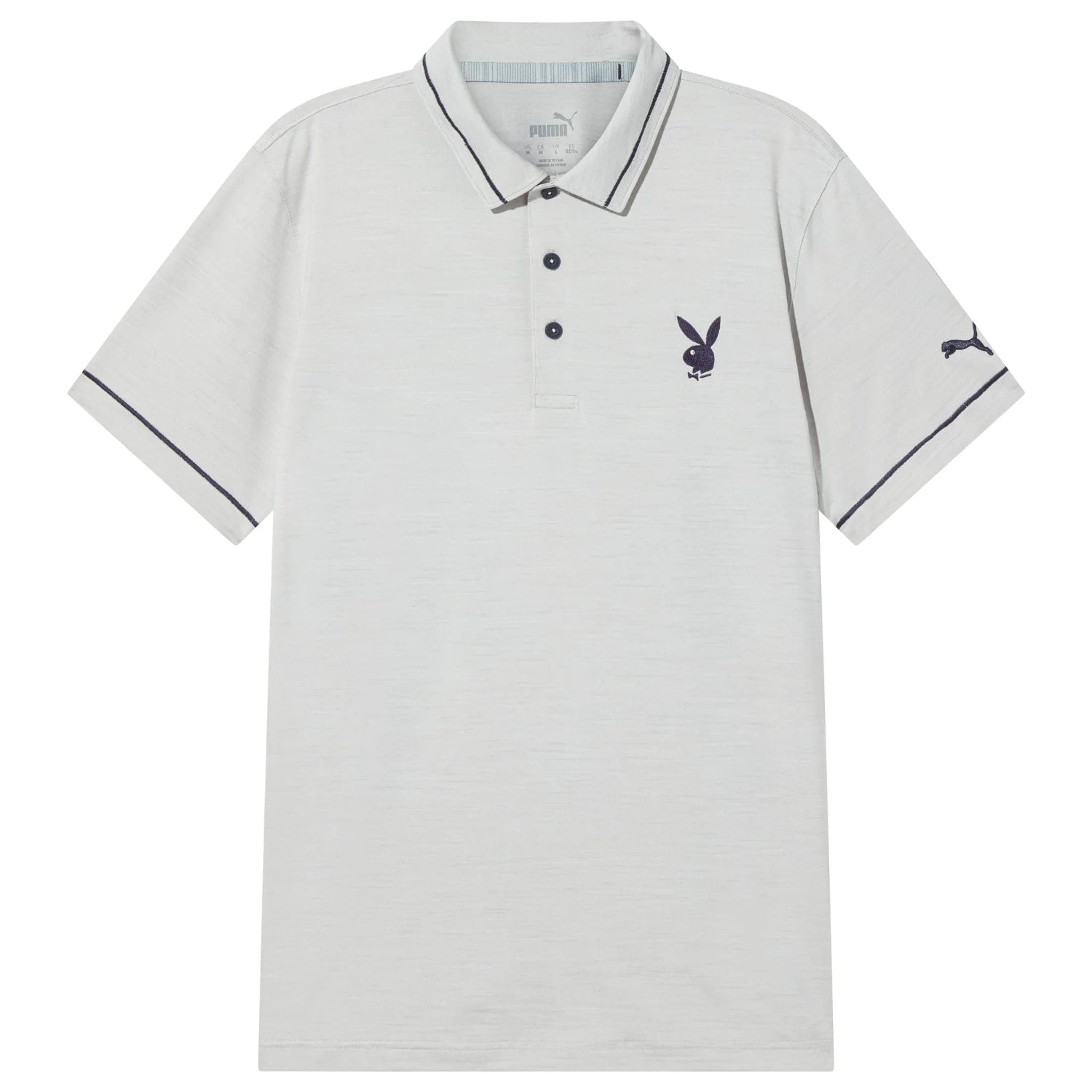 White men's polo shirt with tipped collar, three-button placket, and black rabbit head logo on chest