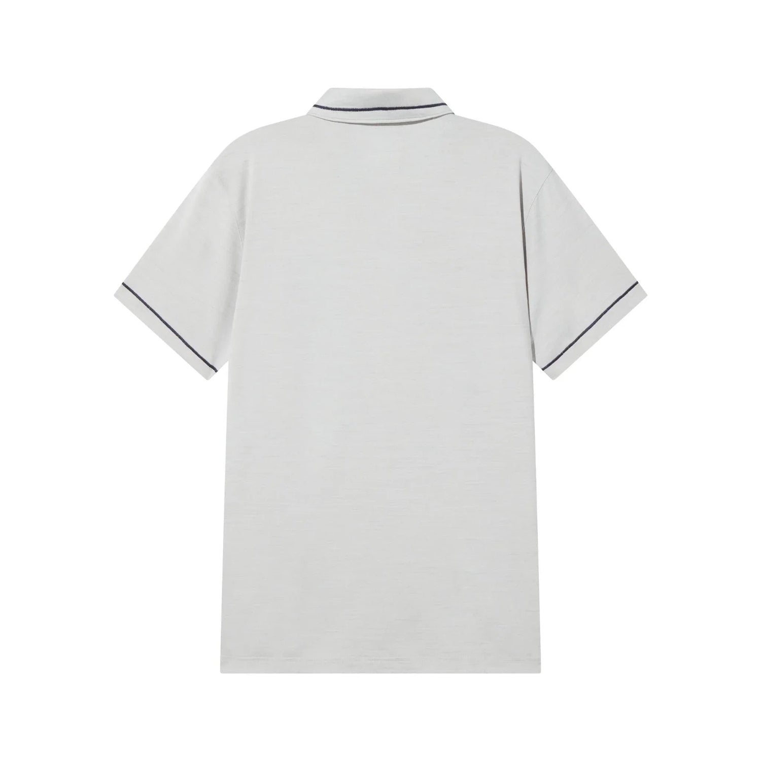 Back view of a light grey short sleeve polo shirt with dark trim on collar and sleeves