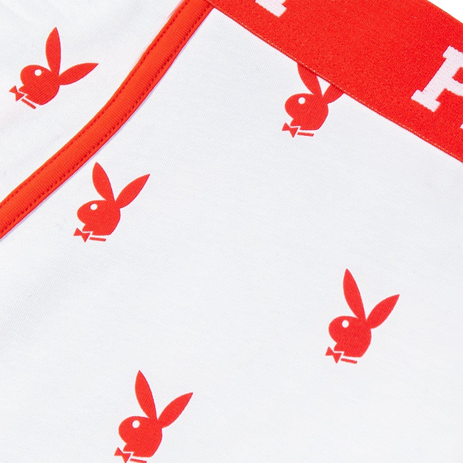 White boxer briefs with red rabbit head print and red waistband detail