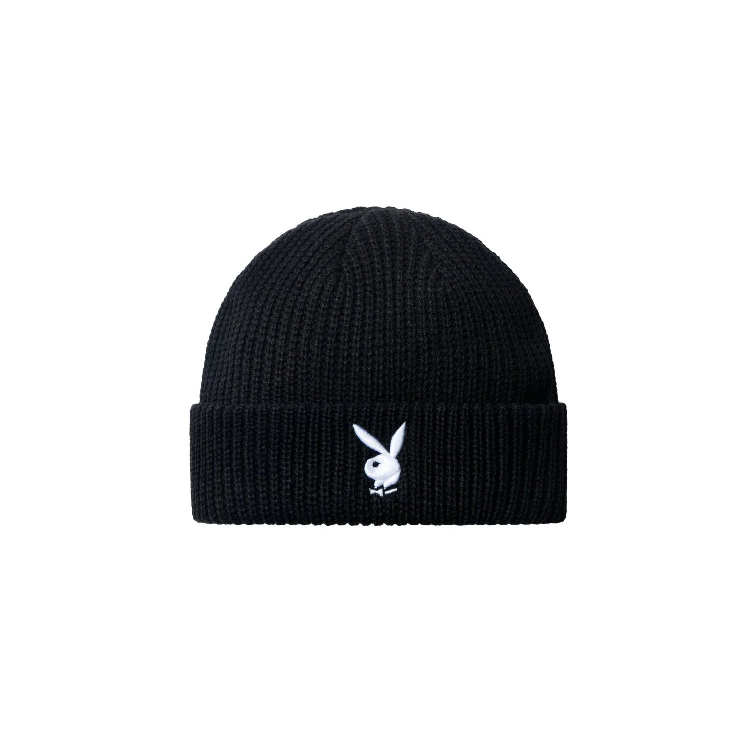 Black knit beanie with embroidered white rabbit head logo on folded cuff
