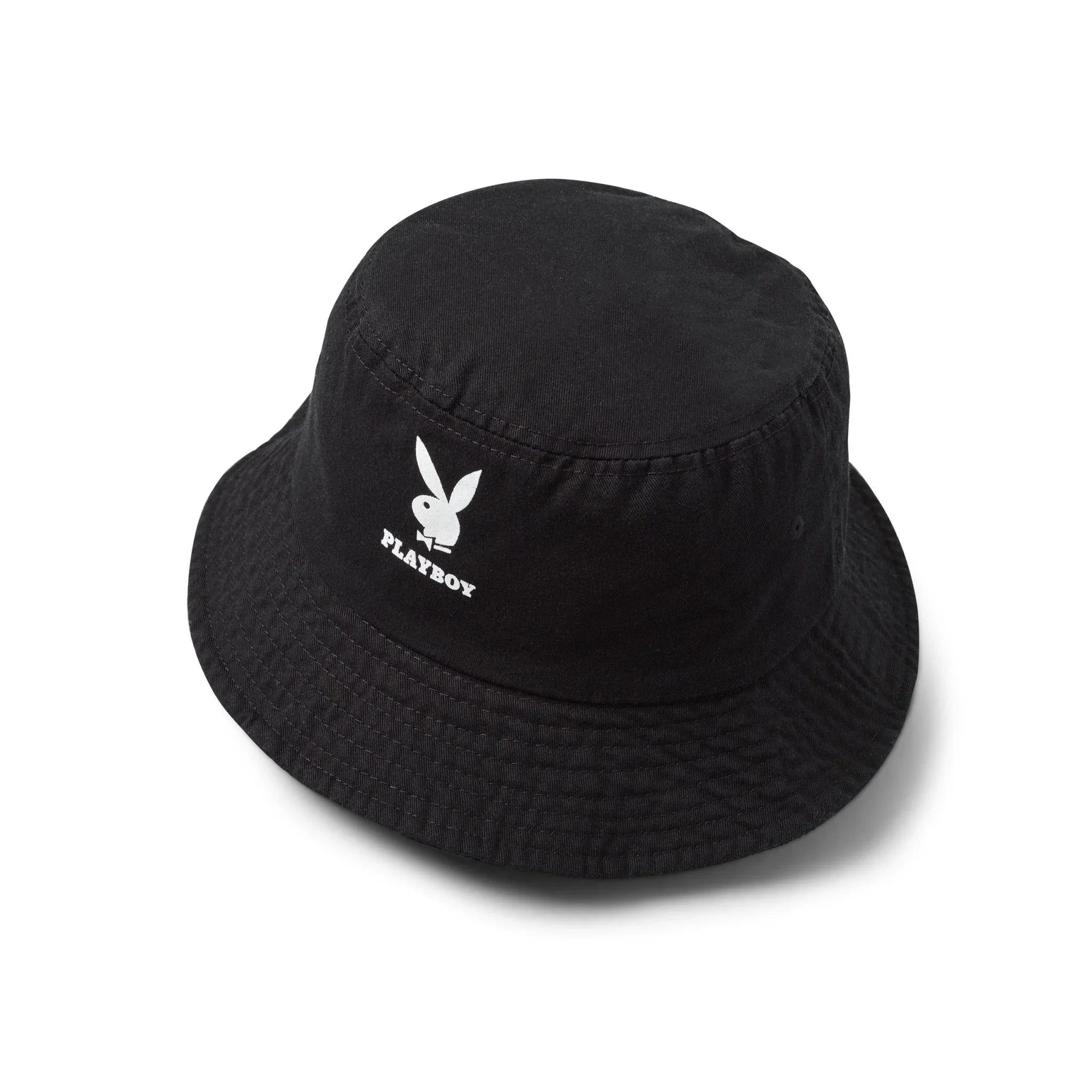 Black bucket hat with white rabbit head logo and bold text on the front, streetwear accessory