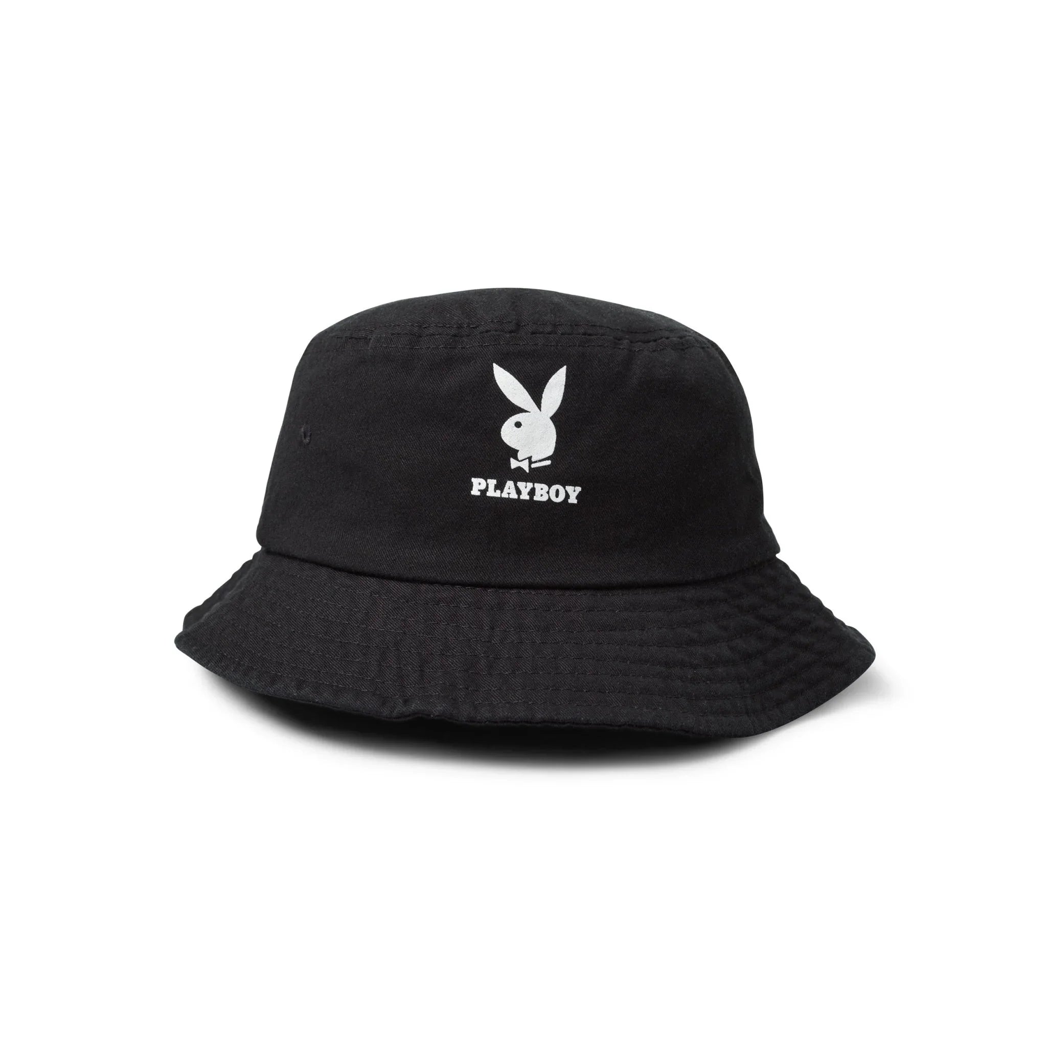 Black bucket hat with white rabbit head logo and PLAYBOY text on front, lifestyle accessory