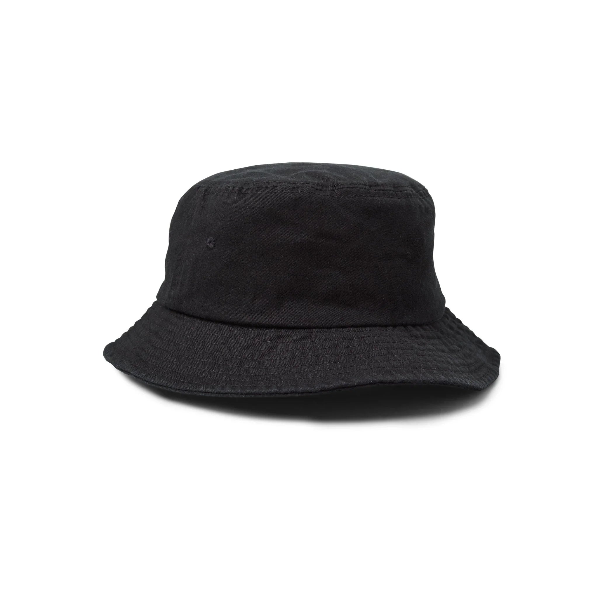Black bucket hat with subtle embroidered rabbit head logo, casual fashion accessory