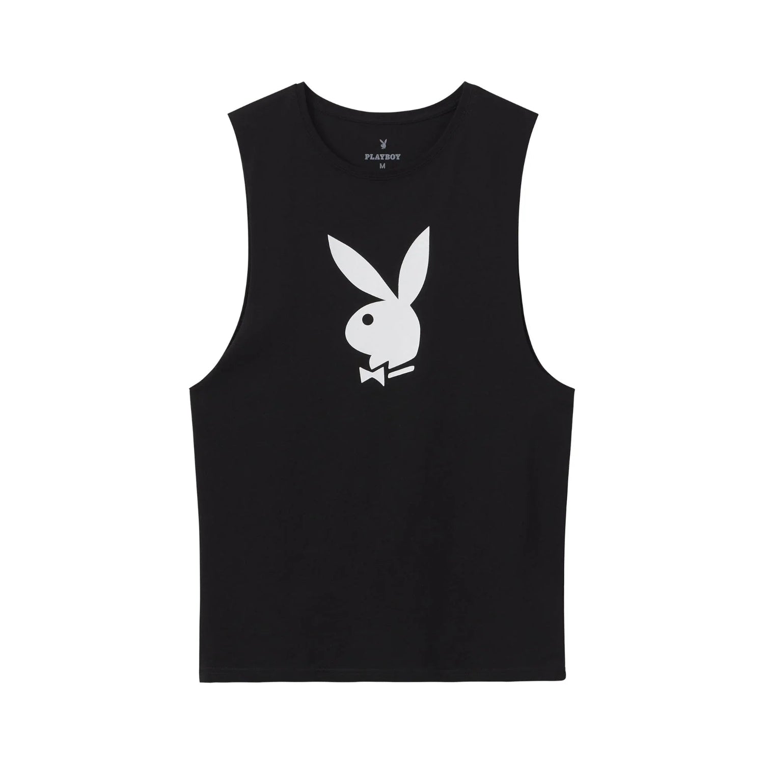 Black muscle tank top with white rabbit head graphic on front