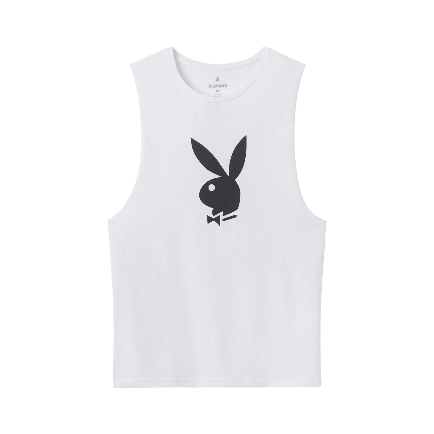 White muscle tank top with black rabbit head graphic on front