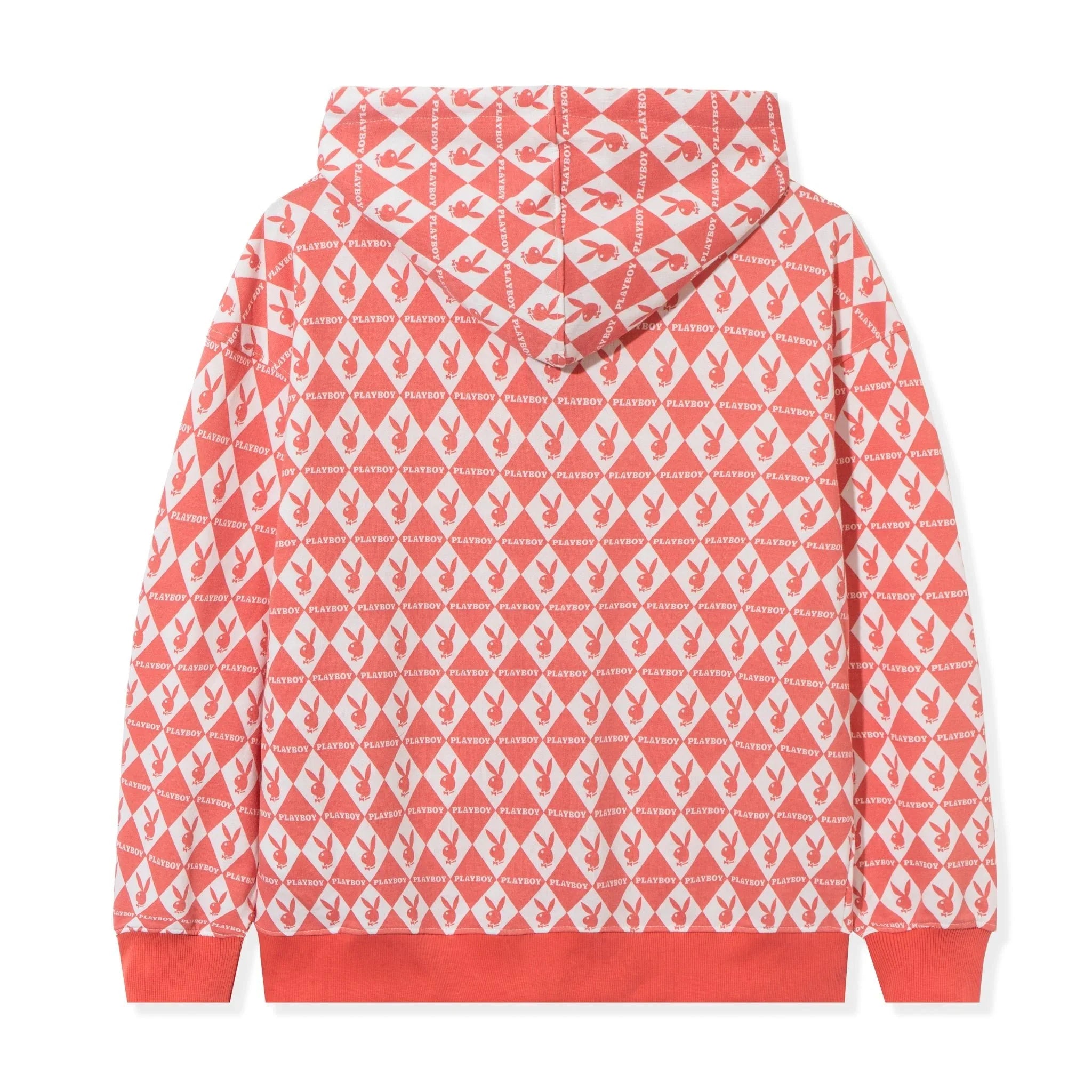 Back view of oversized zip-up hoodie with red and white rabbit head print and hood