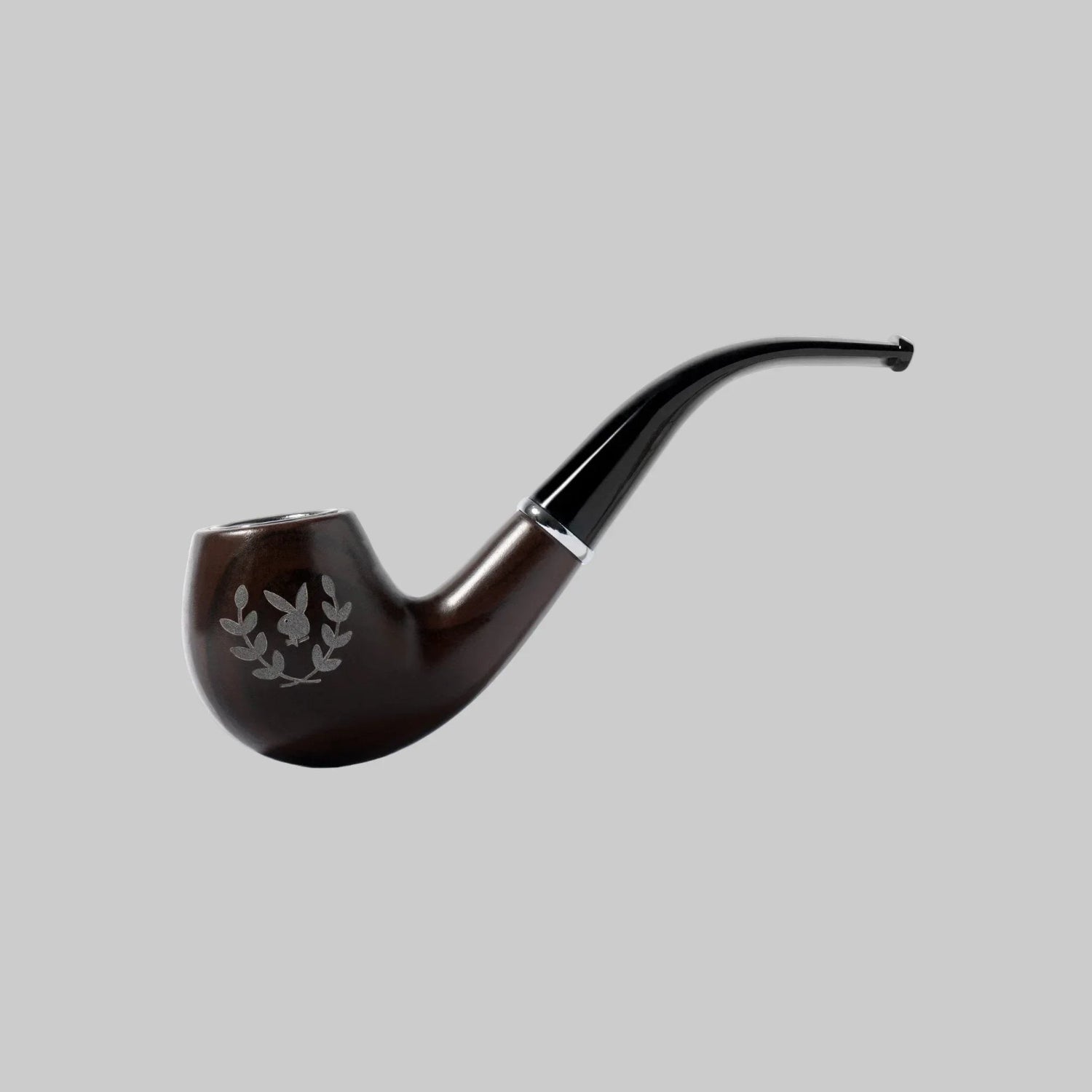 Brown and black classic smoking pipe with engraved rabbit head emblem and laurel design