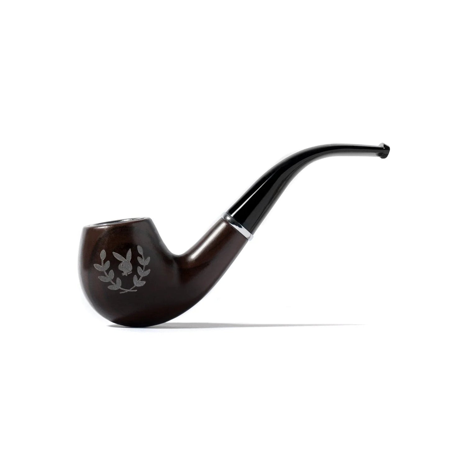 Brown smoking pipe with engraved rabbit head and laurel design on white background