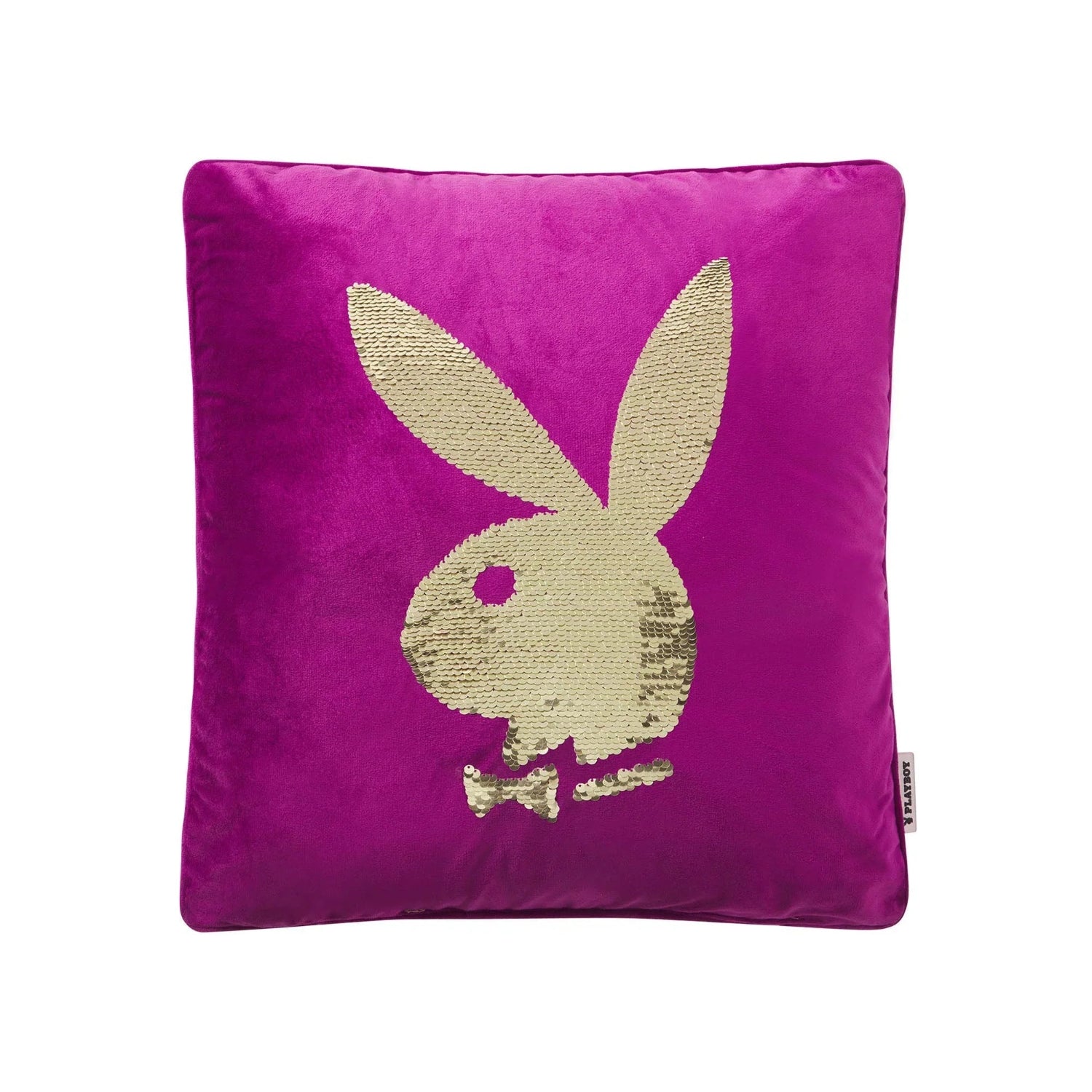 Purple square pillow with gold sequin rabbit head design on front