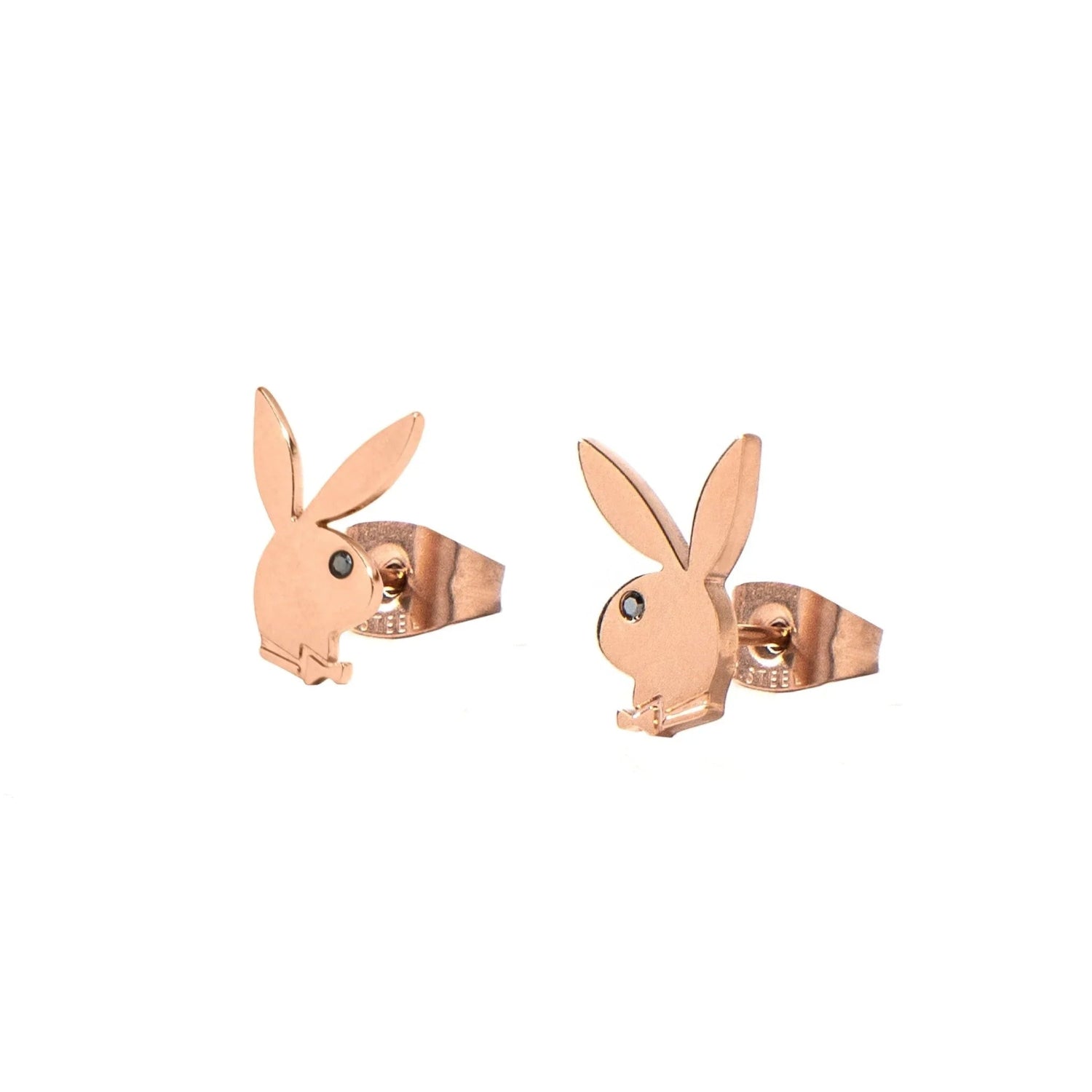 Rose gold rabbit head stud earrings with crystal accents on a white background