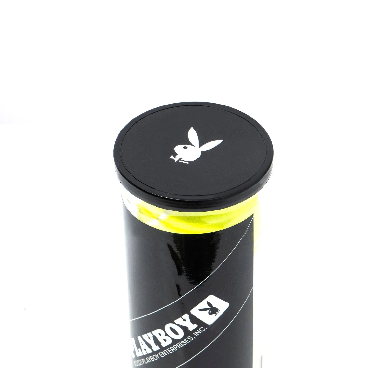 Black can of yellow tennis balls with rabbit head logo on the lid and label
