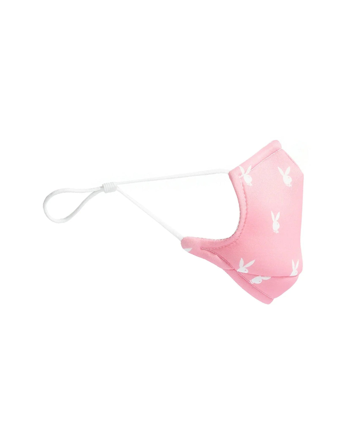 Pink adjustable face mask with white bunny logos and white ear loops