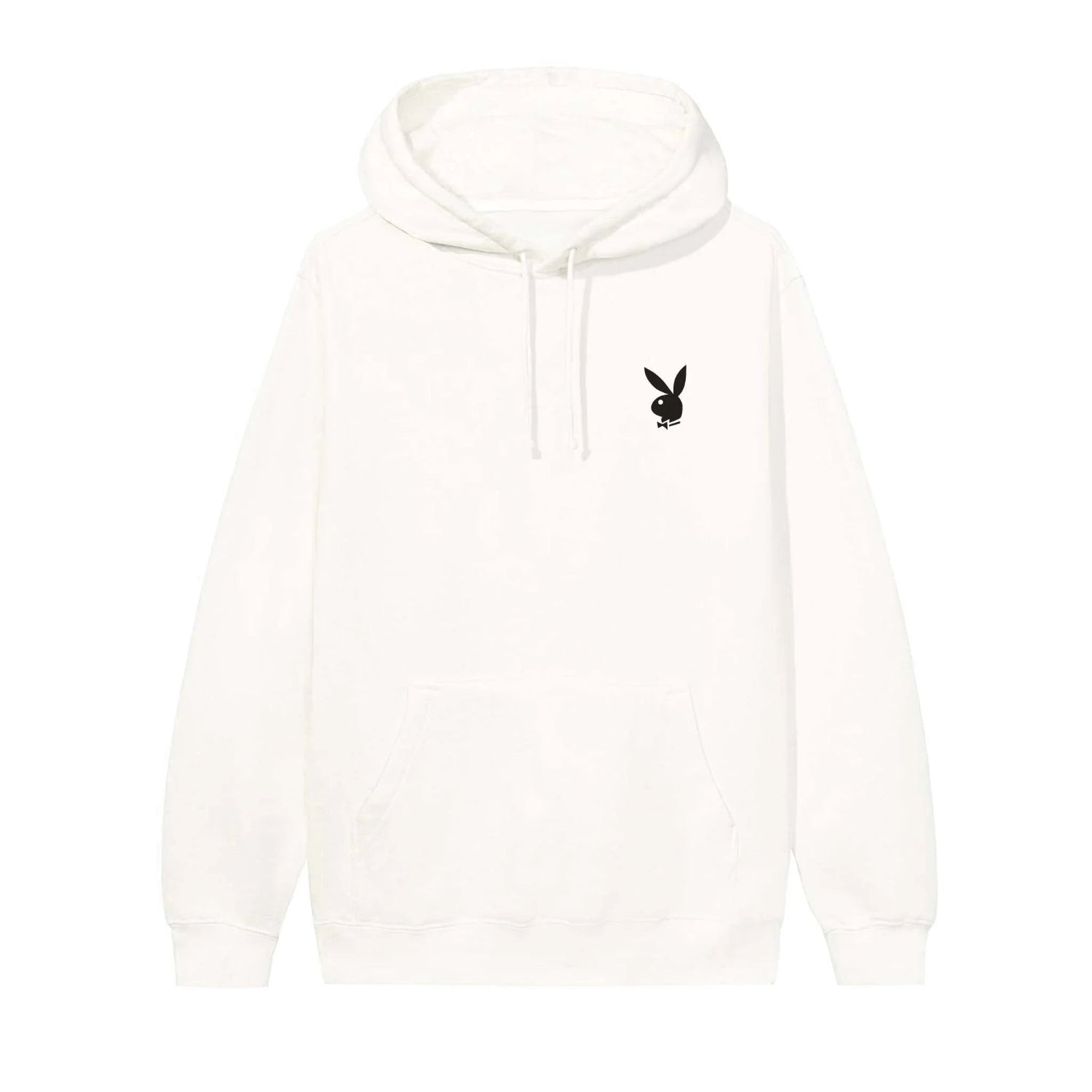White hoodie with black rabbit head logo on chest, drawstring hood, and front pocket.