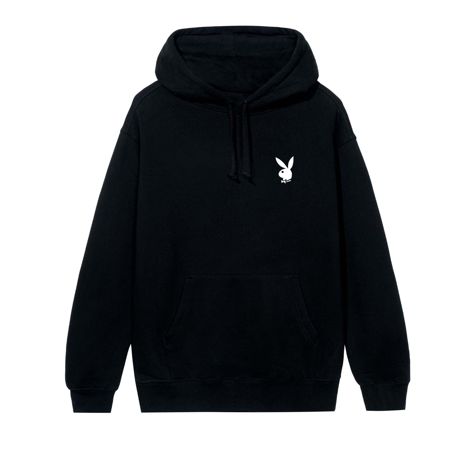 Black hoodie with white bunny logo on chest and kangaroo pocket, front view