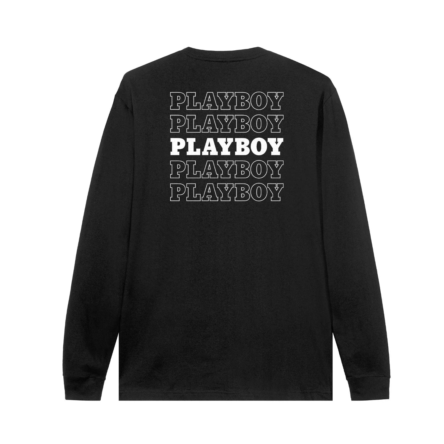 Black long sleeve t-shirt with repeating PLAYBOY text graphic on the back.