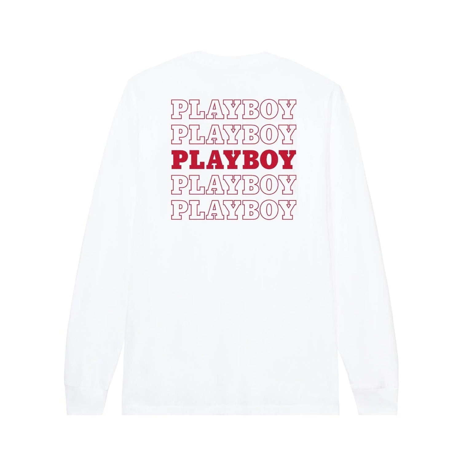 White long sleeve t-shirt with repeated red PLAYBOY text graphic on the back