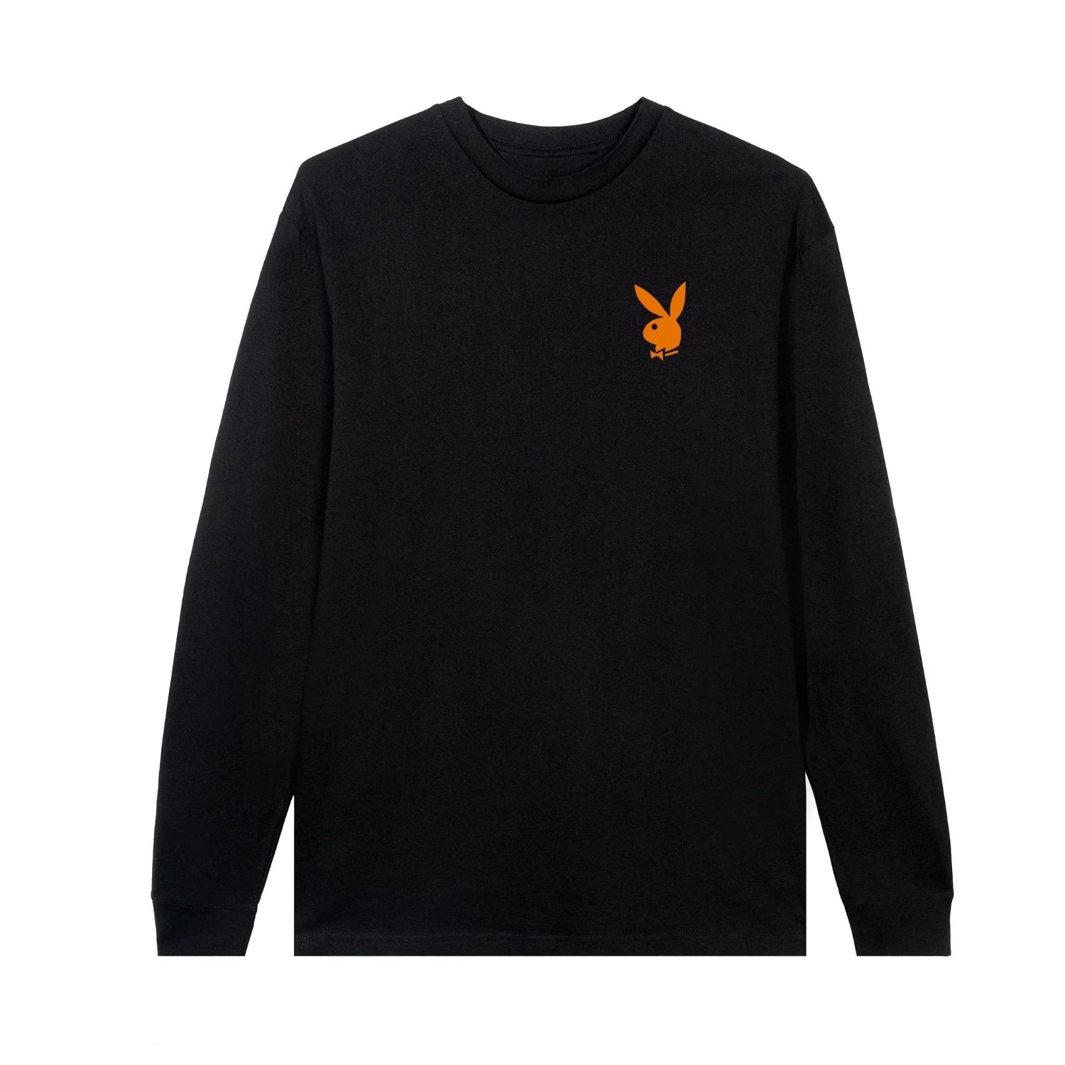 Black long sleeve t-shirt with orange bunny logo on left chest, casual streetwear style