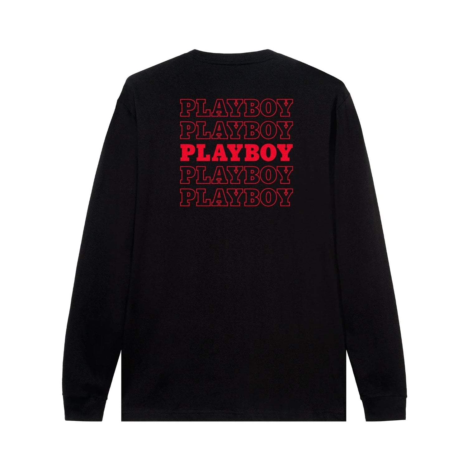 Black long sleeve t-shirt with repeating red PLAYBOY text graphic on the back.